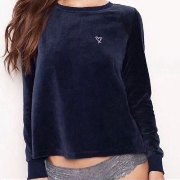 Victoria’s Secret Velour Crossover Split Back Pullover Sweatshirt Blue Medium - Picture 2 of 13